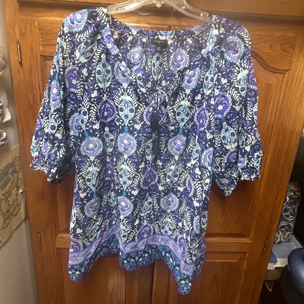 Talbots Relaxed Tie Front Blouse in Purple and Blue